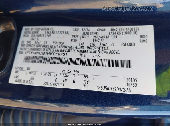 1FTEW1CG1HKC16751 2017 FORD F150 Dark Blue Вид подкапотного пространства
