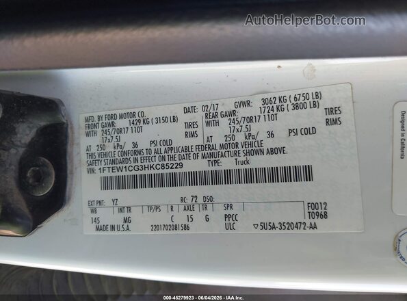 1FTEW1CG3HKC85229 2017 FORD F150 White Вид підкапотного простору