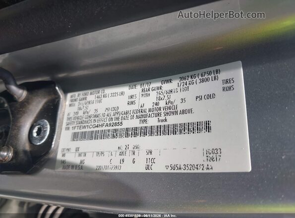 1FTEW1CG4HFA92855 2017 FORD F150 Silver Շարժիչի բաժամունքի տեսք