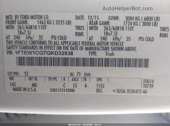 1FTEW1CG7GKD32938 2016 FORD F150 Белый Вид подкапотного пространства