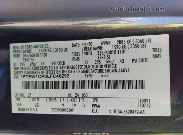 1FTEW1CP0LFC46292 2020 FORD F150 Gray Widok komory silnika
