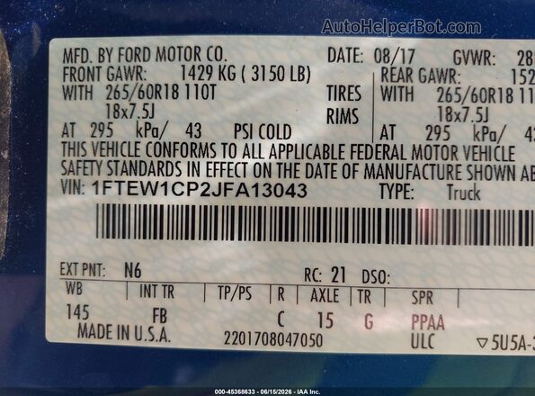 1FTEW1CP2JFA13043 2018 FORD F150 Blue Widok komory silnika