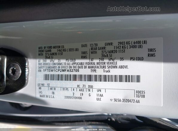 1FTEW1CP2MFA52705 2021 FORD F150 Белый 