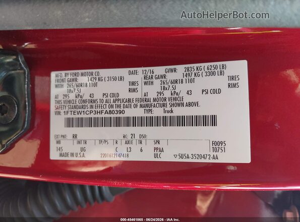 1FTEW1CP3HFA80390 2017 FORD F150 Red ძრავის განყოფილების ხედი