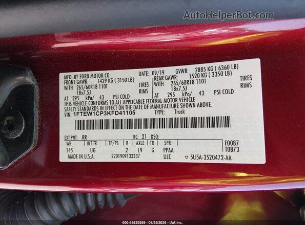 1FTEW1CP3KFD41105 2019 FORD F150 Red Widok komory silnika