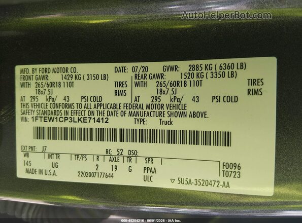 1FTEW1CP3LKE71412 2020 FORD F150 Gray ძრავის განყოფილების ხედი