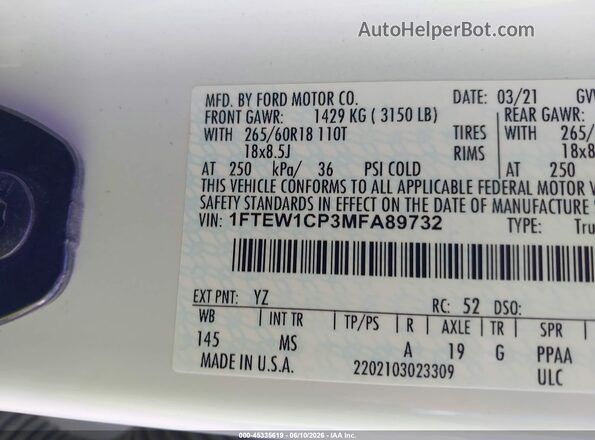 1FTEW1CP3MFA89732 2021 FORD F150 Blue ძრავის განყოფილების ხედი