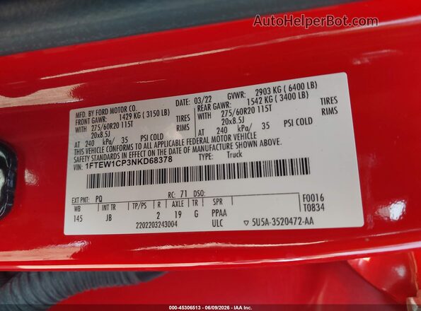 1FTEW1CP3NKD68378 2022 FORD F150 Red Вид підкапотного простору