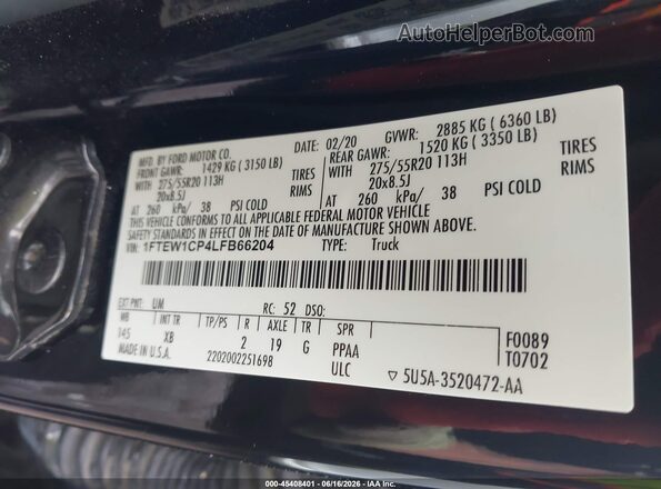1FTEW1CP4LFB66204 2020 FORD F150 Black 
