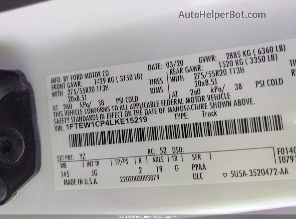 1FTEW1CP4LKE15219 2020 FORD F150 Белый Вид подкапотного пространства