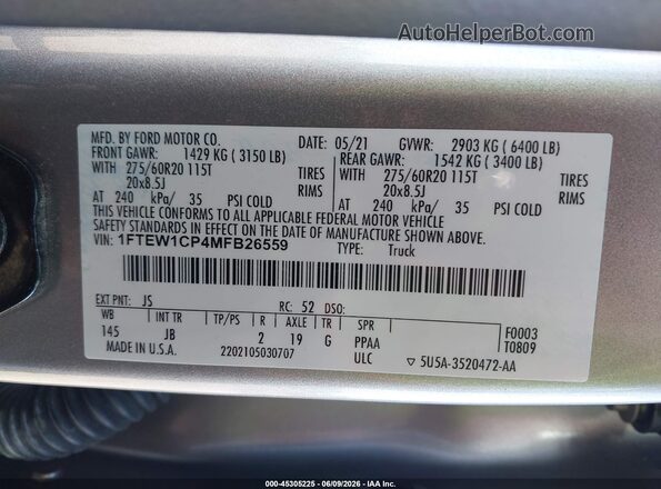 1FTEW1CP4MFB26559 2021 FORD F150 Gray Widok komory silnika