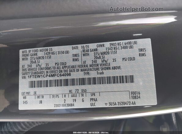 1FTEW1CP4MFC64098 2021 FORD F150 Gray Widok komory silnika