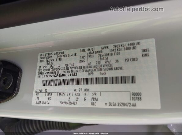 1FTEW1CP4MKE21183 2021 FORD F150 Серый Вид подкапотного пространства