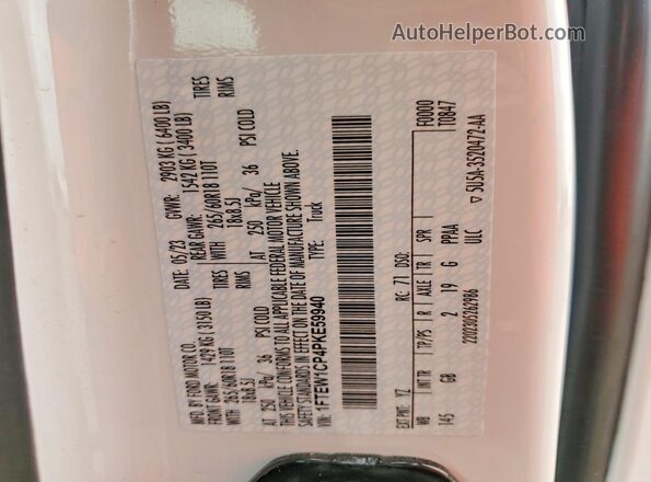 1FTEW1CP4PKE59940 2023 FORD F150 White VIN კოდის სტიკერის ხედი