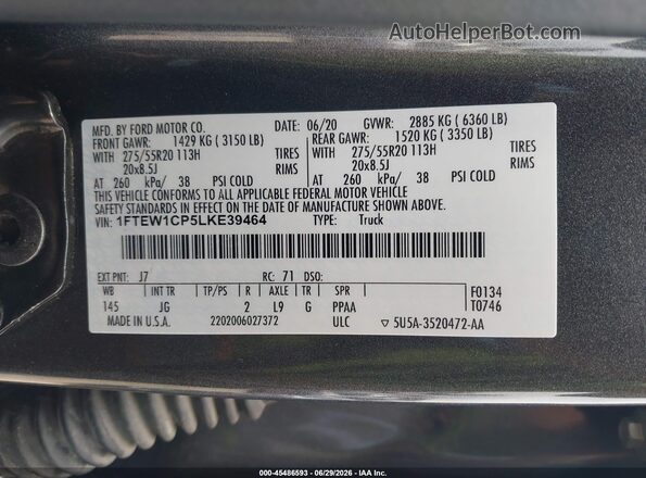 1FTEW1CP5LKE39464 2020 FORD F150 Gray Вид підкапотного простору