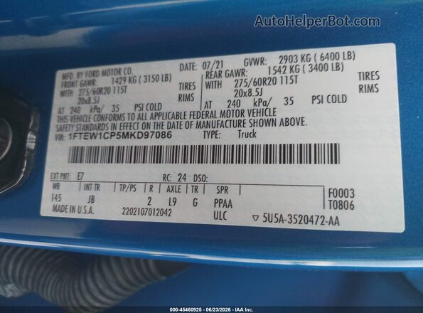 1FTEW1CP5MKD97086 2021 FORD F150 Blue Вид підкапотного простору