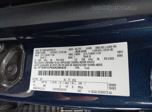 1FTEW1CP6KKD90435 2019 FORD F150 Blue Widok komory silnika