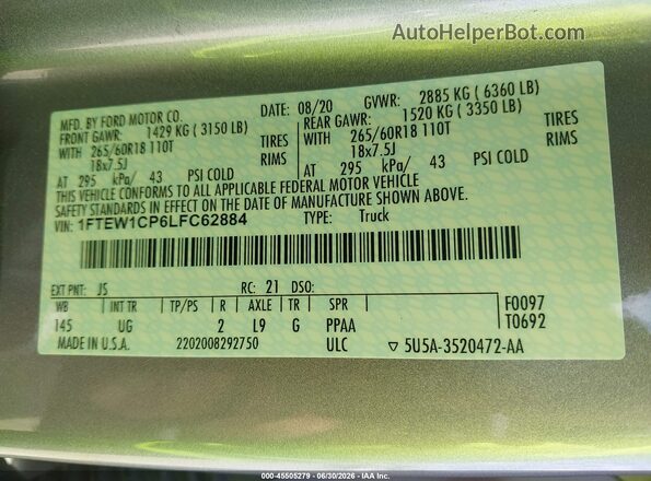 1FTEW1CP6LFC62884 2020 FORD F150 Silver Widok komory silnika