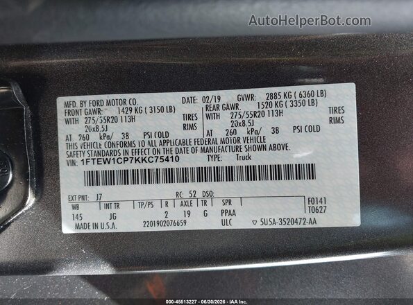 1FTEW1CP7KKC75410 2019 FORD F150 Gray Vista del compartimento del motor