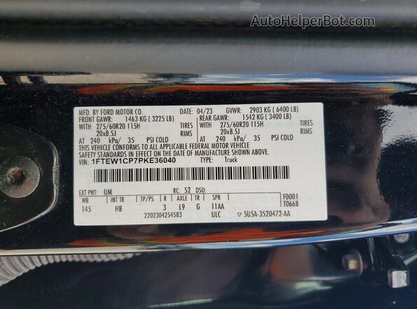 1FTEW1CP7PKE36040 2023 FORD F150 Black VIN კოდის სტიკერის ხედი