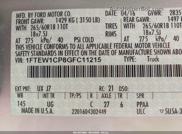 1FTEW1CP8GFC11215 2016 FORD F150 Silver Вид підкапотного простору