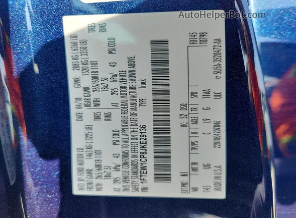 1FTEW1CP8JKE29136 2018 FORD F150 Blue Widok naklejki z numerem VIN