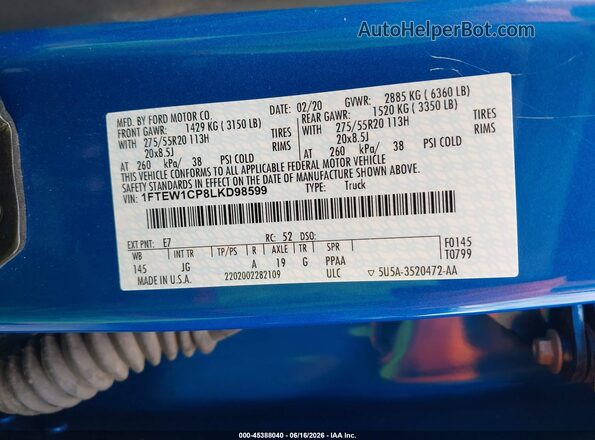 1FTEW1CP8LKD98599 2020 FORD F150 Blue Շարժիչի բաժամունքի տեսք