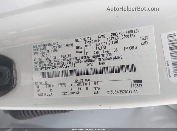 1FTEW1CP8MFA92612 2021 FORD F150 White Widok komory silnika