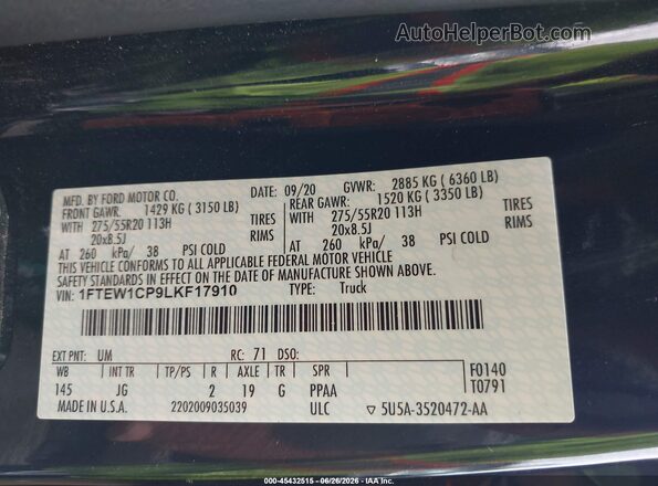 1FTEW1CP9LKF17910 2020 FORD F150 Black VIN sticker view