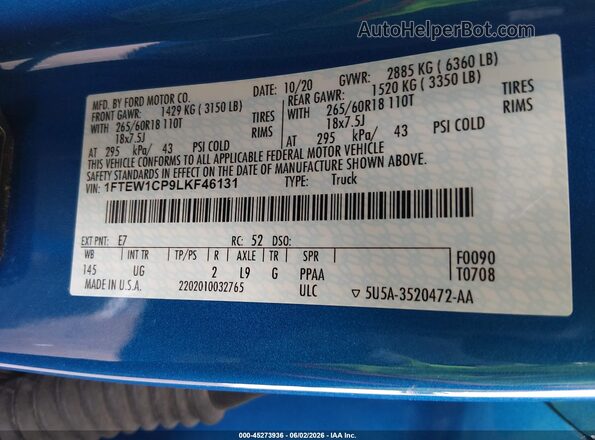 1FTEW1CP9LKF46131 2020 FORD F150 Blue Widok komory silnika