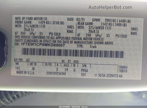 1FTEW1CP9MKD89007 2021 FORD F150 Silver Շարժիչի բաժամունքի տեսք