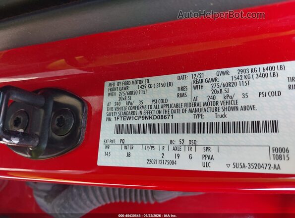 1FTEW1CP9NKD08671 2022 FORD F150 Red Widok komory silnika