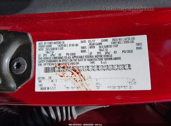 1FTEW1CPXHFC49336 2017 FORD F150 Red 