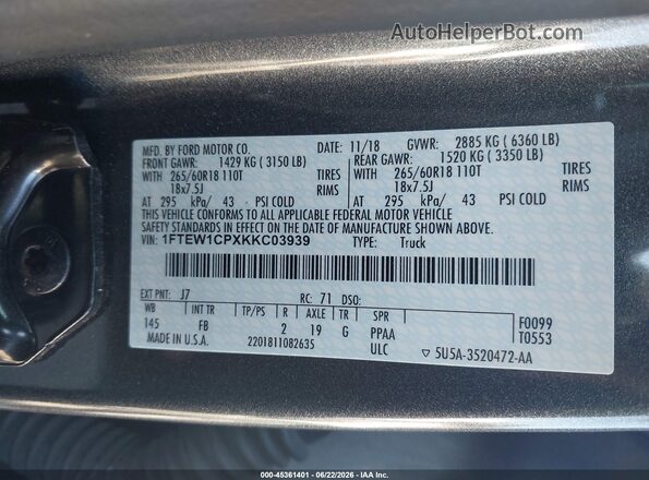 1FTEW1CPXKKC03939 2019 FORD F150 Gray Engine compartment view