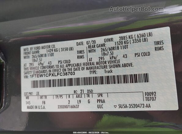 1FTEW1CPXLFC38703 2020 FORD F150 Gray ძრავის განყოფილების ხედი