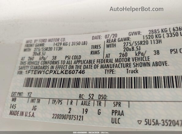 1FTEW1CPXLKE60746 2020 FORD F150 White Widok komory silnika