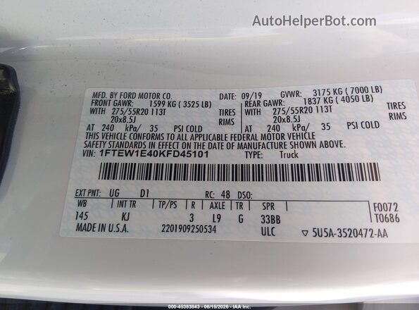 1FTEW1E40KFD45101 2019 FORD F150 White Vista del compartimento del motor