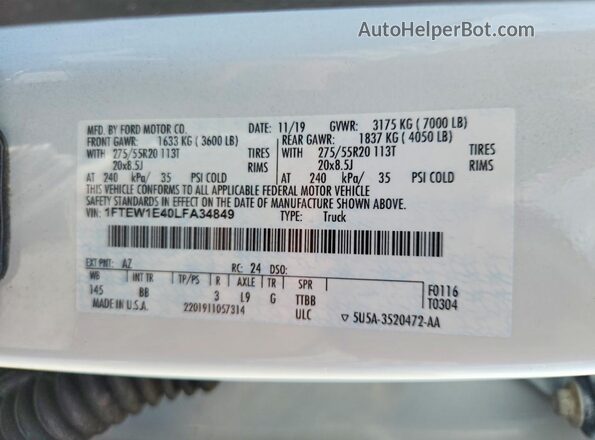 1FTEW1E40LFA34849 2020 FORD F150 White Engine compartment view