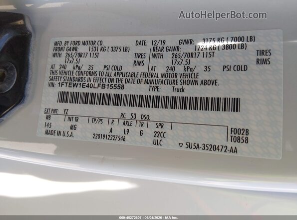 1FTEW1E40LFB15558 2020 FORD F150 Белый 