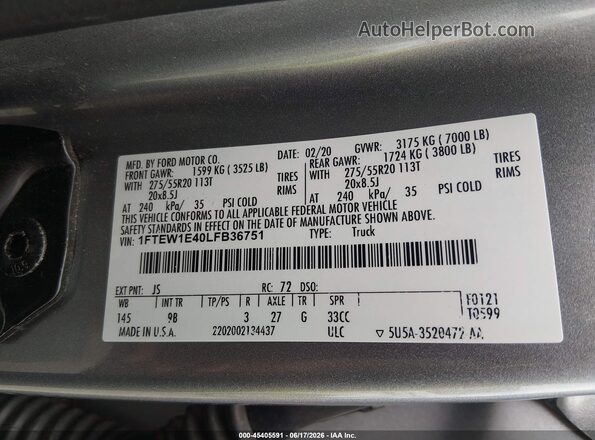 1FTEW1E40LFB36751 2020 FORD F150 Silver Вид підкапотного простору
