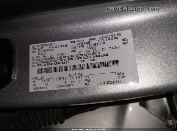1FTEW1E41KFA76851 2019 FORD F150 Серебряный Вид подкапотного пространства