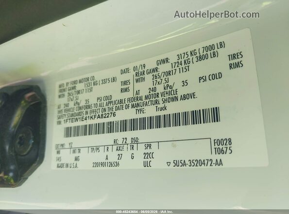 1FTEW1E41KFA82276 2019 FORD F150 Белый Вид подкапотного пространства