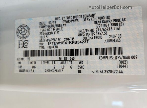 1FTEW1E41KFB54237 2019 FORD F150 White 
