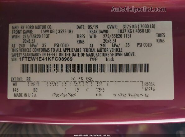 1FTEW1E41KFC08989 2019 FORD F150 Красный Вид подкапотного пространства