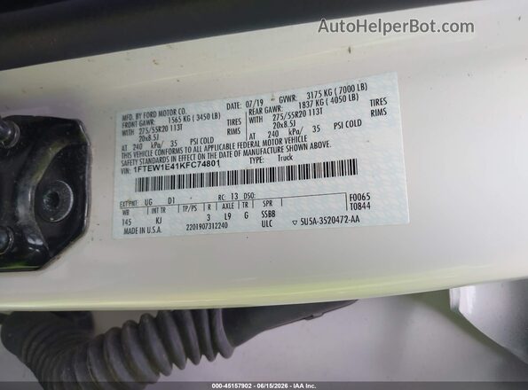 1FTEW1E41KFC74801 2019 FORD F150 White Engine compartment view