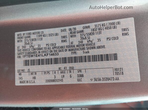 1FTEW1E41LKF14633 2020 FORD F150 Silver ძრავის განყოფილების ხედი