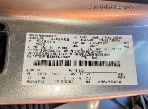 1FTEW1E43KFC06662 2019 FORD F150 Silver 