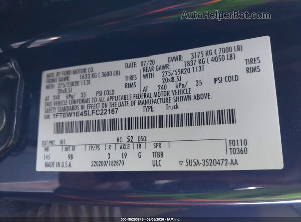 1FTEW1E45LFC22167 2020 FORD F150 Blue Շարժիչի բաժամունքի տեսք