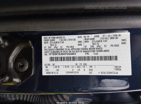 1FTEW1E46KFD24463 2019 FORD F150 Blue ძრავის განყოფილების ხედი