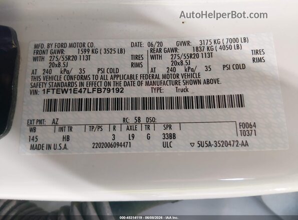 1FTEW1E47LFB79192 2020 FORD F150 White VIN კოდის სტიკერის ხედი